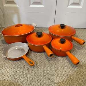 Vintage Le Creuset Flame Orange Enameled Cast Iron 5-Piece Cookware Set - Vintag
